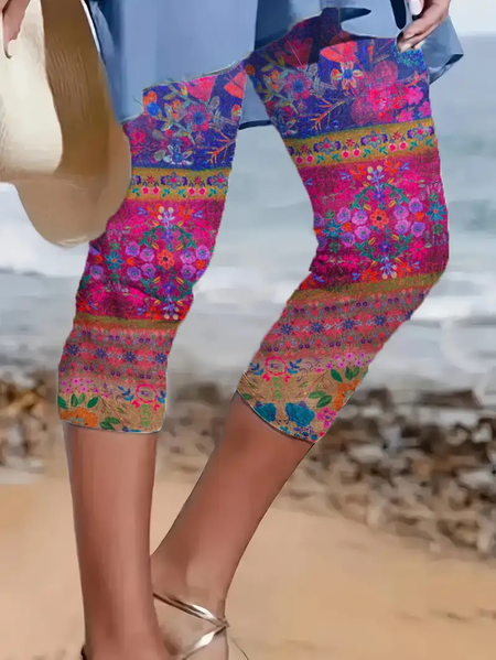 

Women's Floral Capris Elastic Waist Pant Casual Summer Trousers, As picture, Leggings