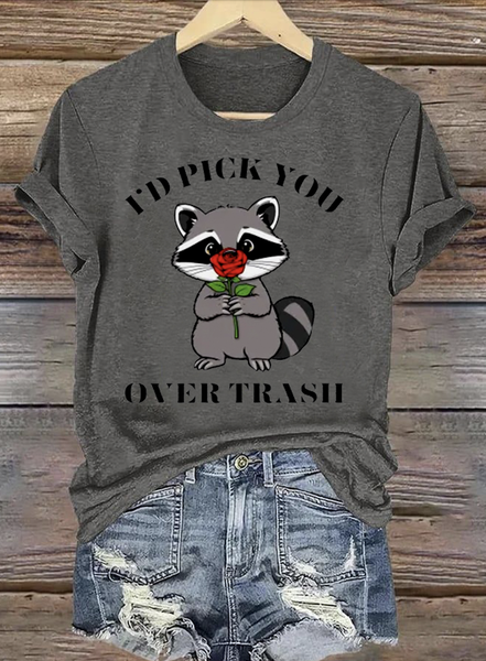 Casual Animal Crew Neck Short Sleeve T-shirt, Deep gray, T-shirts