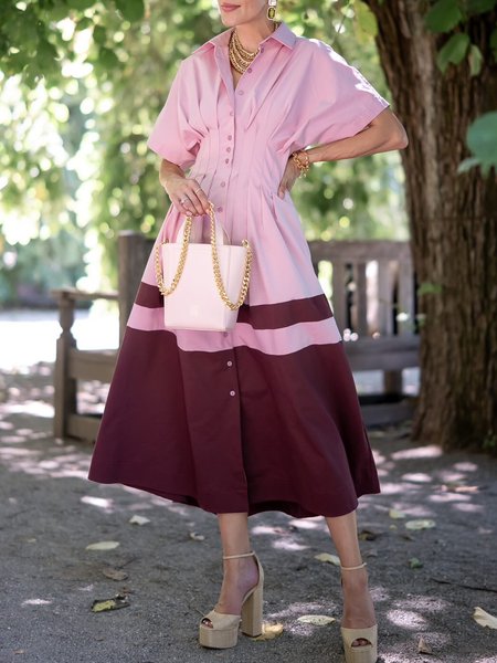 Urban Color Block Raglan Sleeve Shirt Collar Midi Dress, Pink, Midi Dresses