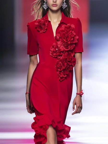 

Elegant 3D Floral Shirt Collar Knee Length Dress, Red, Midi Dresses