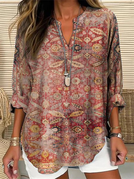 Women's Vintage Ethnic Art Floral Print V-Neck Shirt