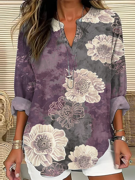 

Simple Cotton-Blend Floral Shirt, Purple, Blouses