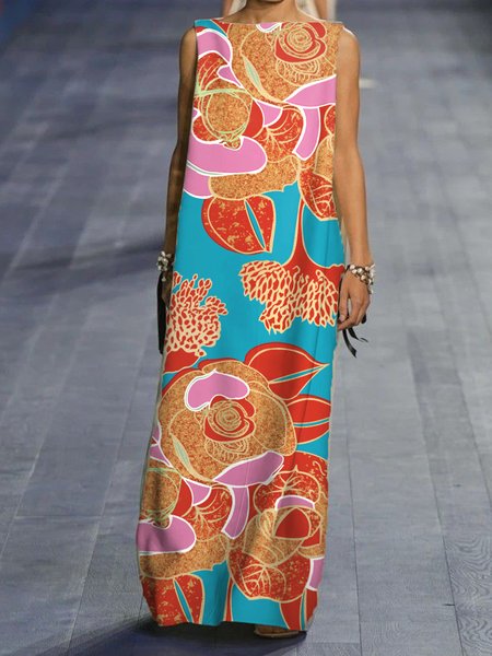 

Urban Floral Printing Crew Neck Maxi Dress, As picture, Maxi Dresses