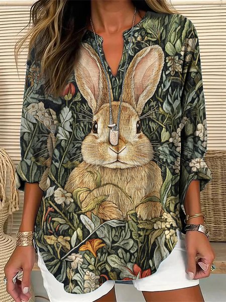 

Women's Easter Art Bunny Print V-Neck Shirt, As picture, Blouses