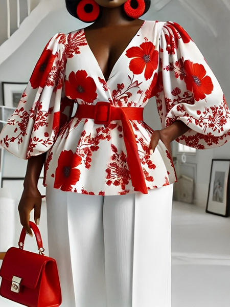 

Elegant Floral Blouse With Belt, Red, Blouses and Shirts