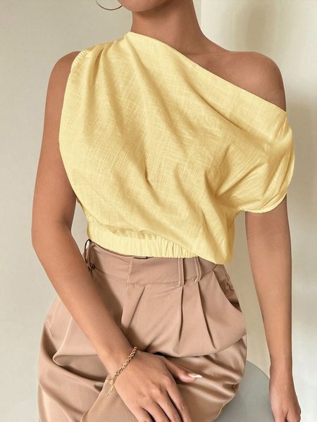 Casual Plain Ruched Cold Shoulder Blouse, Yellow, Blouses and Shirts