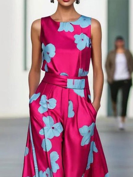 

Vacation Floral Printing Crew Neck Tank Top, As picture, Tanks and Camis