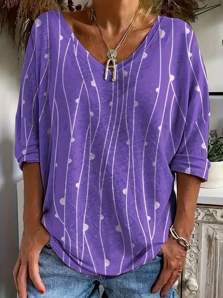 

Women's Abstract Stripes Long Sleeve Tee T-shirt V Neck Printing Casual Spring/Fall Graphic Tee Top, Purple, T-Shirts