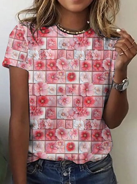 

Casual Spring Floral Crew Neck Short Sleeve T-shirt, Pink, T-shirts