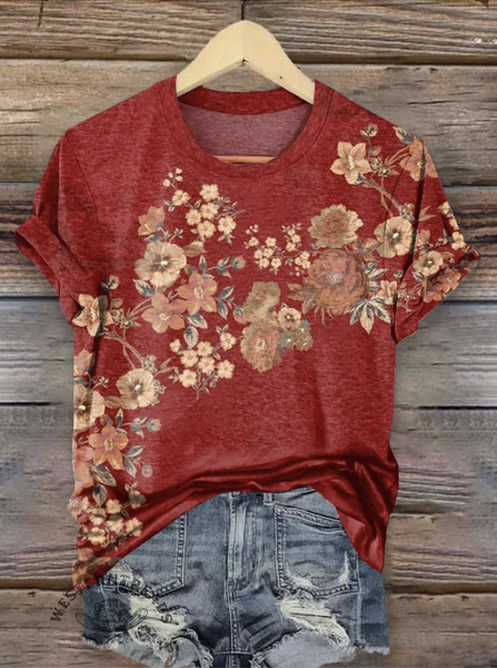 

Casual Floral Crew Neck Short Sleeve T-shirt, Red, T-shirts