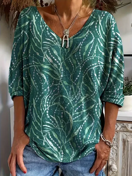 

Casual Floral V Neck Long Sleeve T-shirt, Green, Blouses