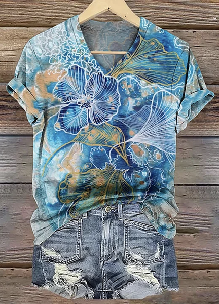 

Casual Floral V Neck Short Sleeve T-shirt, Blue, T-shirts