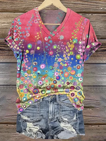 

Casual Floral V Neck Short Sleeve T-shirt, Red, T-shirts