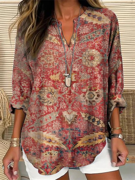 

Women's Vintage Ethnic Art Floral Print V-Neck Shirt, As picture, Blouses