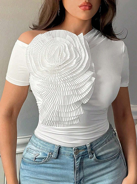 

Casual Plain 3D Floral Asymmetrical T-shirt, White, Tees
