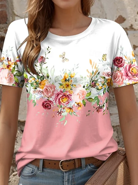 

Women's Floral Print Casual Short Sleeve T-Shirt, As picture, T-shirts