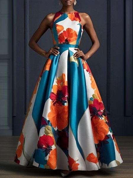 

Elegant Floral Printing Sleeveless Crew Neck Maxi Party Dress, As picture, Maxi Dresses
