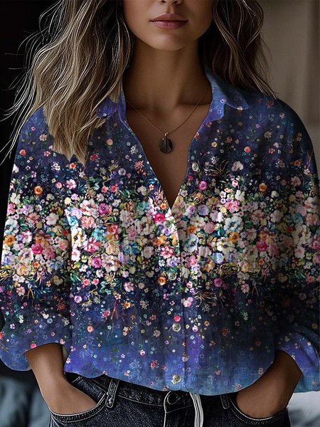

Floral Shirt Collar Casual Loose Shirt, As picture, Blouses
