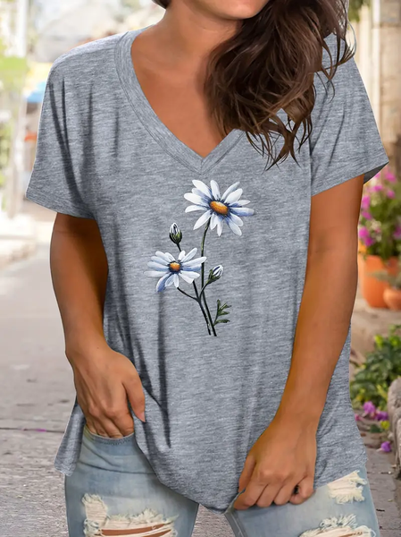 

Women's Floral Print Casual V-Neck Short Sleeve T-Shirt, Gray, T-shirts