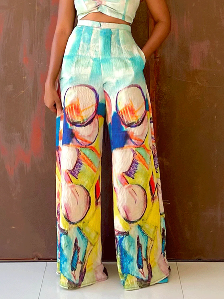 

Vacation Random Print Straight Pants, As picture, Pants