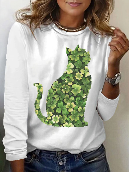 

Women's Cat Shamrock Long Sleeve Tee T-shirt Crew Neck Printing Casual Spring/Fall Graphic Tee Top, White, T-Shirts