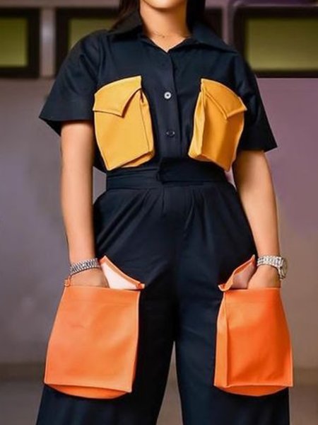 

Urban Color Block Pockets Short Sleeve Shirt, Black, Blouses and Shirts