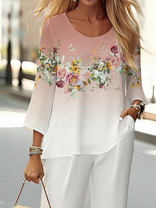 

Women's Floral Printing Two-Piece Set Daily Long Sleeve Casual Spring/Fall Top With Pants Matching Set, As picture, Suit Set
