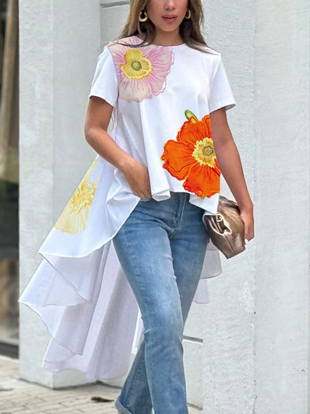 

Casual Floral Irregular Craftsmanship Crew Neck Blouse, White, Blouses and Shirts