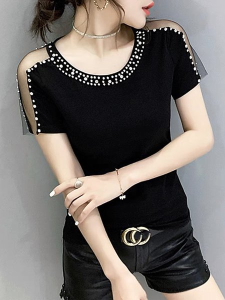 

Casual Plain Split Joint Crew Neck Blouse, Black, Blouses and Shirts