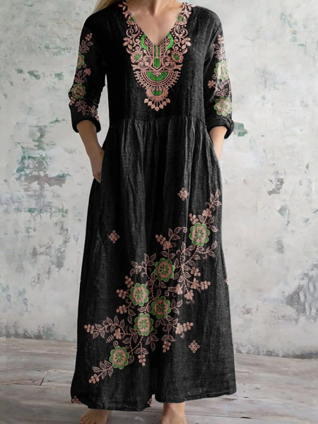 

Women's V-Neck Art Floral Pattern Dress with Pockets, Black, Dresses