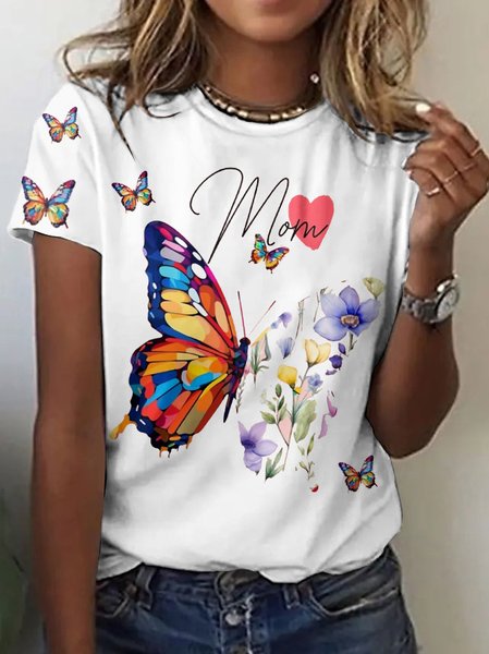 

Casual Floral Crew Neck Short Sleeve T-shirt, White, T-shirts