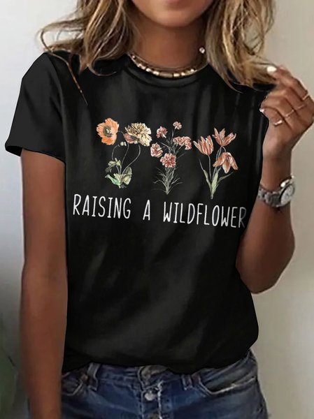 

Casual Floral Crew Neck Short Sleeve T-shirt, Black, T-shirts