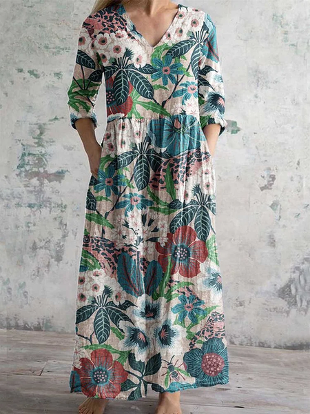 

Women's elegant floral pattern V-neck cotton dress, Green, Dresses