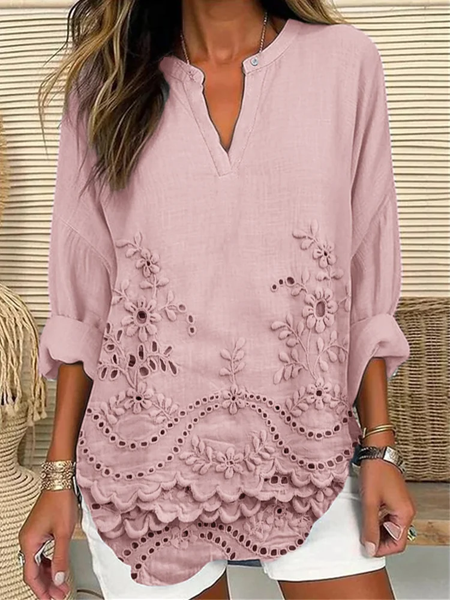 

Cottage floral embroidery lace hem linen blend Shirt, Pink, Blouses