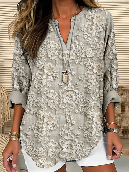 

Floral lace embroidery linen blend comfortable shirt, Off white, Blouses