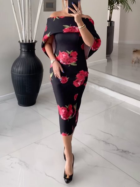 

Elegant Floral Printing Off Shoulder Sleeve Midi Party Dress, Black, Midi Dresses
