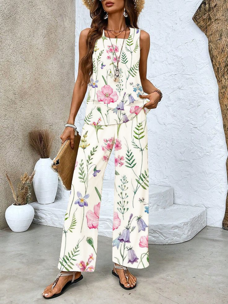 

Women's Floral Spring Print Casual Tank Top Pants Two Piece Suit, White, Two-pieces