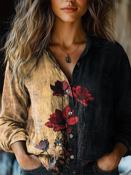 

Women's Retro Rose Flower Art Print Casual Short Sleeve Comfortable Shirt, Black, Blouses