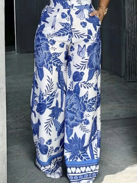 

Casual Floral Printing Baggy Pants, White-blue, Pants
