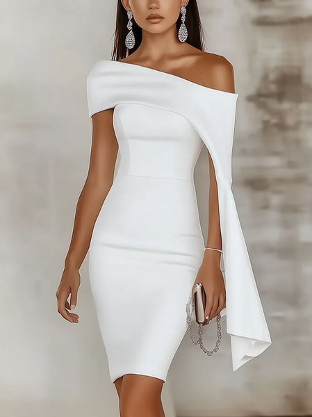

Elegant Plain Asymmetric Cold Shoulder Mini Dress, White, Mini Dresses