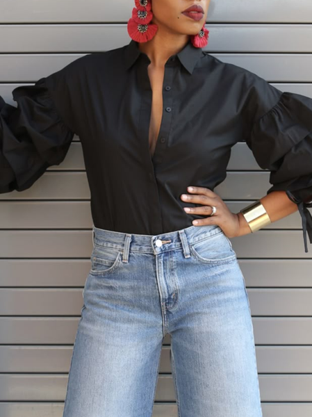 Cotton Casual Plain Peplum Shirt, Black, Blouses and Shirts