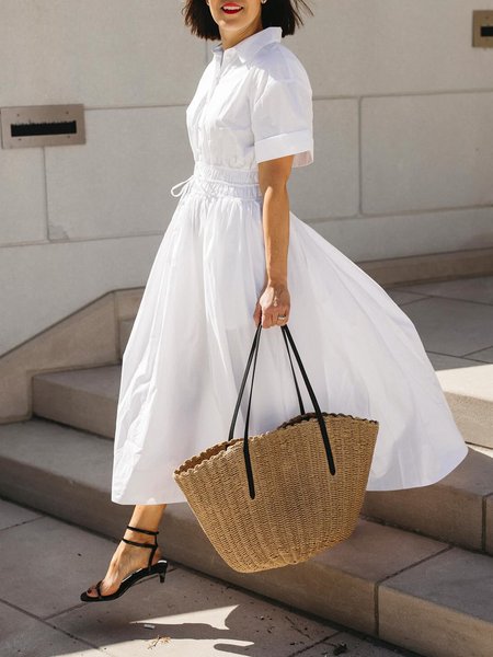 

Vacation Plain Shirt Collar Maxi Dress With Inside Suspender Dress, White, Maxi Dresses