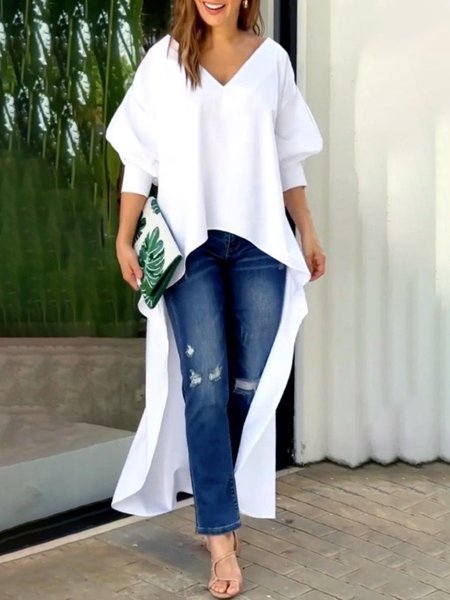 

Casual Plain V Neck Puff Sleeve Blouse, White, Blouses and Shirts