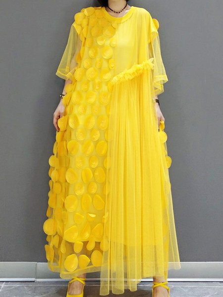 

Urban Plain Loosen Split Joint Crew Neck Maxi Dress, Yellow, Maxi Dresses