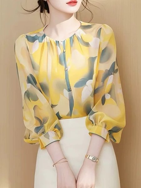 

Urban Floral Printing Crew Neck Blouse, Yellow, Blouses and Shirts
