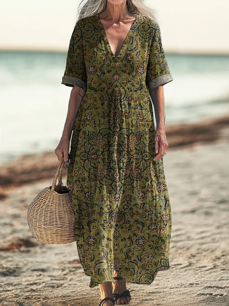 

Women's Vintage Ethnic Art Patterns Print Pocket V-neck Cotton Dress, Green, Dresses