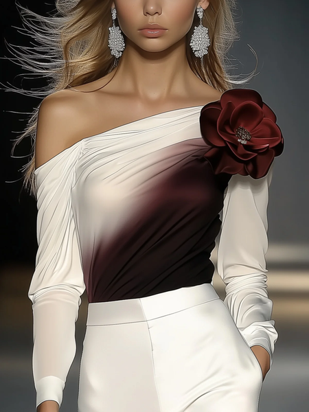 

Elegant Gradient Pattern 3D Floral Asymmetrical Off Shoulder Sleeve Blouse, As picture, Blouses and Shirts