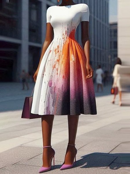

Urban Gradient Pattern Printing Boat Neck Midi Dress, As picture, Midi Dresses