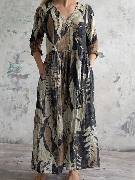 

Women's elegant floral V-neck cotton dress, Brown, Dresses