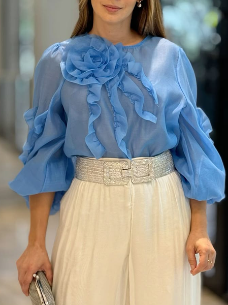 

Linen Casual Plain 3D Floral Crew Neck Balloon Sleeve Blouse, As picture, Blouses and Shirts